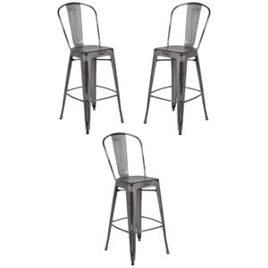 Home Square 30&quot Metal Slat Back Bar Stool in Distressed Silver Gray - Set of 3