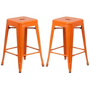 Home Square 24&quot Metal Backless Counter Stool in Orange - Set of 2