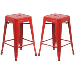 Home Square 24&quot Metal Backless Counter Stool in Red - Set of 2