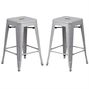 Home Square 24&quot Metal Backless Counter Stool in Silver - Set of 2