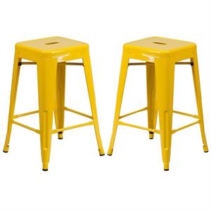 Home Square 24&quot Metal Backless Counter Stool in Yellow - Set of 2