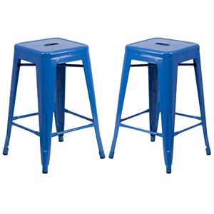 Home Square 24&quot Metal Backless Counter Stool in Blue - Set of 2