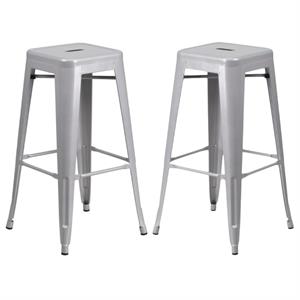Home Square 30&quot Metal Backless Bar Stool in Silver - Set of 2