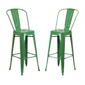 Home Square 30&quot Metal Steel Bar Stool in Green Finish - Set of 2