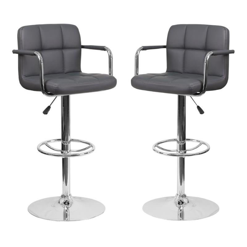 Home Square Faux Leather Quilted Adjustable Bar Stool in Gray - Set of 2