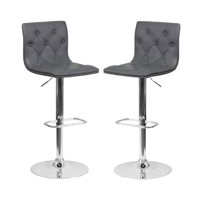 Home Square Faux Leather Tufted Adjustable Bar Stool in Gray - Set of 2