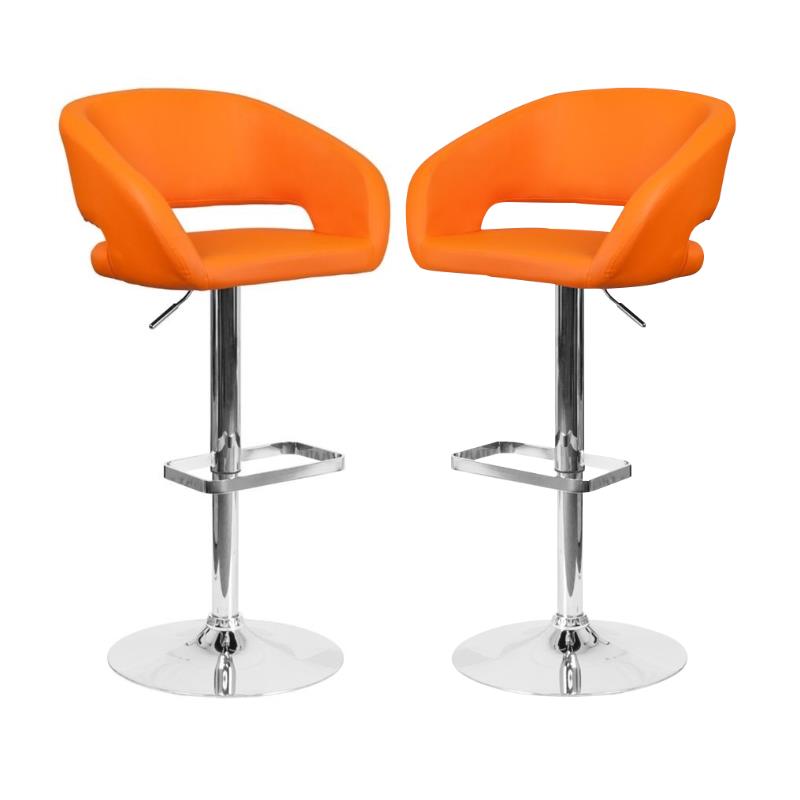 Home Square Faux Leather Adjustable Bar Stool in Orange Finish - Set of 2