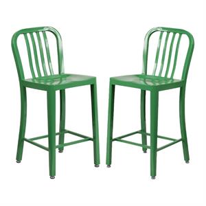 Home Square 24&quot Metal Vertical Slat Back Counter Stool in Green - Set of 2