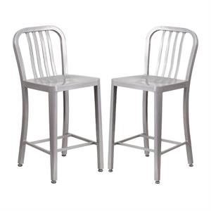 Home Square 24&quot Metal Vertical Slat Back Counter Stool in Silver - Set of 2