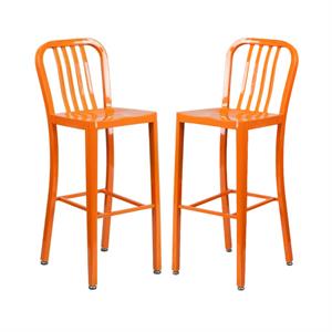 Home Square 30&quot Metal Vertical Slat Back Bar Stool in Orange - Set of 2