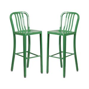 Home Square 30&quot Metal Vertical Slat Back Bar Stool in Green - Set of 2