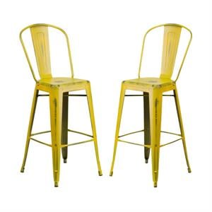 Home Square 30&quot Metal Curved Slat Back Bar Stool in Distressed Yellow - Set of 2