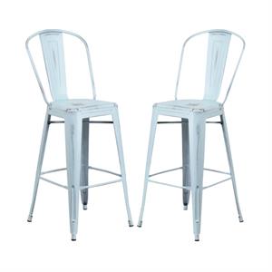Home Square 30&quot Metal Bar Stool in Distressed Green-Blue - Set of 2