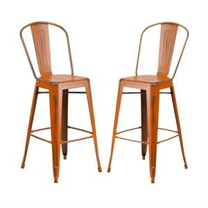 Home Square 30&quot Metal Curved Slat Back Bar Stool in Distressed Orange - Set of 2