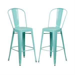 Home Square 30&quot Metal Curved Slat Back Bar Stool in Mint Green - Set of 2