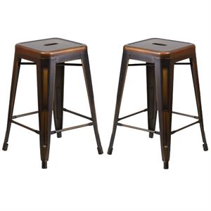 Home Square 24&quot Metal Backless Counter Stool in Distressed Copper - Set of 2