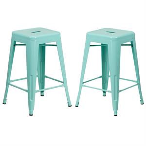 Home Square 24&quot Metal Backless Counter Stool in Mint Green - Set of 2