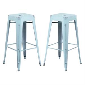 Home Square 30&quot Metal Backless Bar Stool in Distressed Green-Blue - Set of 2