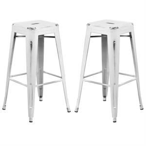 Home Square 30&quot Metal Backless Bar Stool in Distressed White - Set of 2