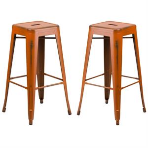 Home Square 30&quot Metal Backless Bar Stool in Distressed Orange - Set of 2
