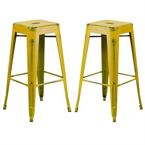 Home Square 30&quot Metal Backless Bar Stool in Distressed Yellow - Set of 2