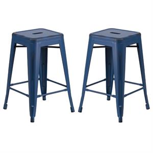 Home Square 24&quot Metal Backless Counter Stool in Distressed Blue - Set of 2