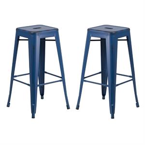 Home Square 30&quot Metal Backless Bar Stool in Distressed Blue - Set of 2