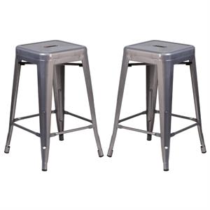 Home Square 24&quot Backless Metal Counter Stool in Gray Finish- Set of 2