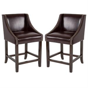 Home Square Carmel 24&quot Leather Counter Stool in Brown and Walnut - Set of 2
