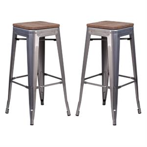 Home Square 31&quot Backless Metal Bar Stool in Gray and Wood Grain - Set of 2