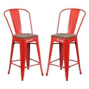 Home Square 24&quot Metal Counter Stool in Red and Wood Grain - Set of 2