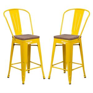 Home Square 24&quot Metal Counter Stool in Yellow and Wood Grain - Set of 2