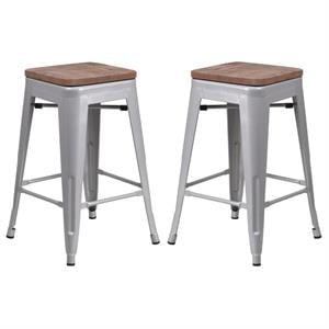 Home Square 24&quot Backless Metal Counter Stool in Silver - Set of 2