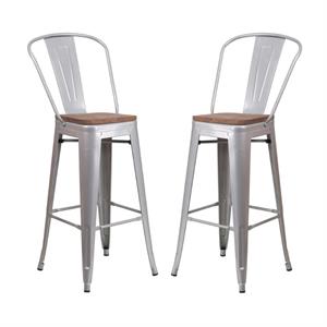 Home Square 30&quot Metal Bar Stool in Silver and Wood Grain - Set of 2