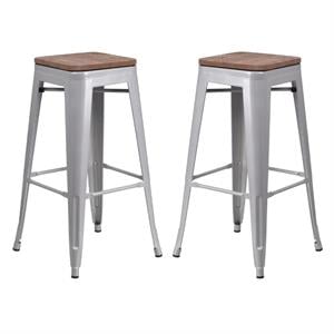Home Square 30&quot Backless Metal Bar Stool in Silver and Wood Grain - Set of 2