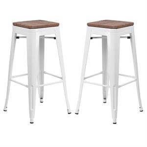 Home Square 30&quot Backless Metal Bar Stool in White and Wood Grain - Set of 2