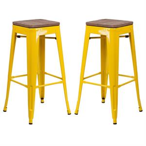 Home Square 30&quot Backless Metal Bar Stool in Yellow and Wood Grain - Set of 2