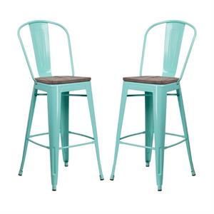 Home Square 30&quot Metal Bar Stool in Mint Green and Wood Grain - Set of 2
