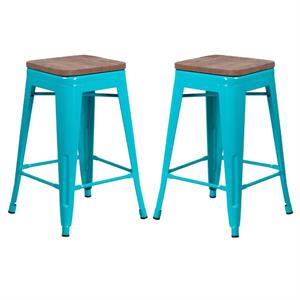 Home Square 24&quot Backless Metal Counter Stool in Crystal Teal - Set of 2