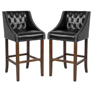 Home Square 30&quot Leather Tufted Bar Stool in Black and Walnut - Set of 2