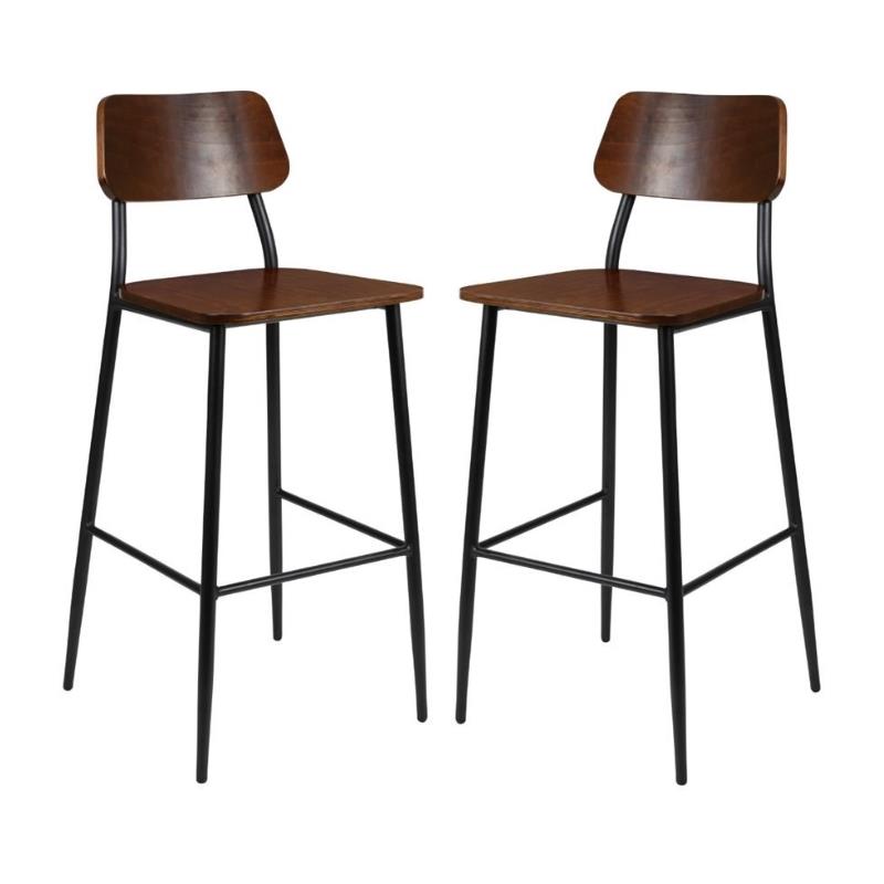 Home Square Rustic Steel Frame Wooden Bar Stool in Mahogany - Set of 2