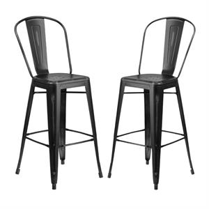 Home Square 30&quot Metal Curved Slat Back Bar Stool in Distressed Black - Set of 2