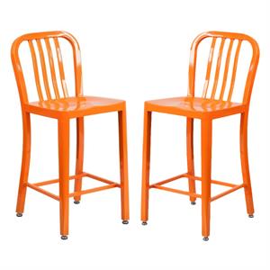 Home Square 24&quot Metal Vertical Slat Back Counter Stool in Orange - Set of 2