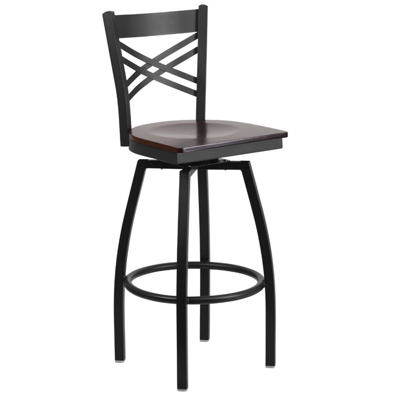 Home Square Metal Restaurant Swivel Bar Stool in Black and Walnut - Set of 2