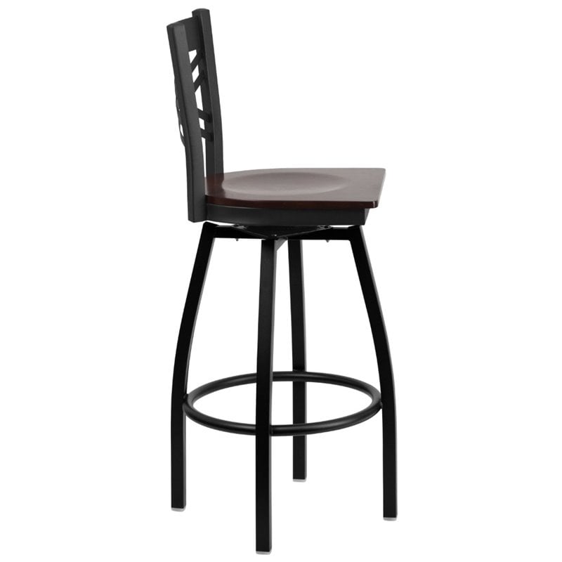 Home Square Metal Restaurant Swivel Bar Stool in Black and Walnut - Set of 2