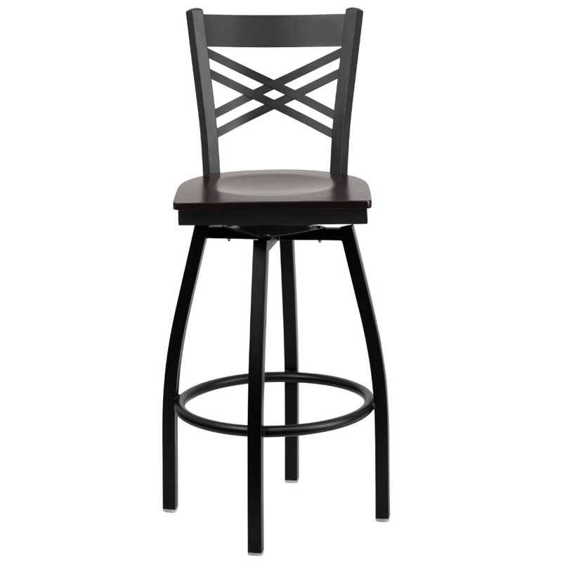 Home Square Metal Restaurant Swivel Bar Stool in Black and Walnut - Set of 2