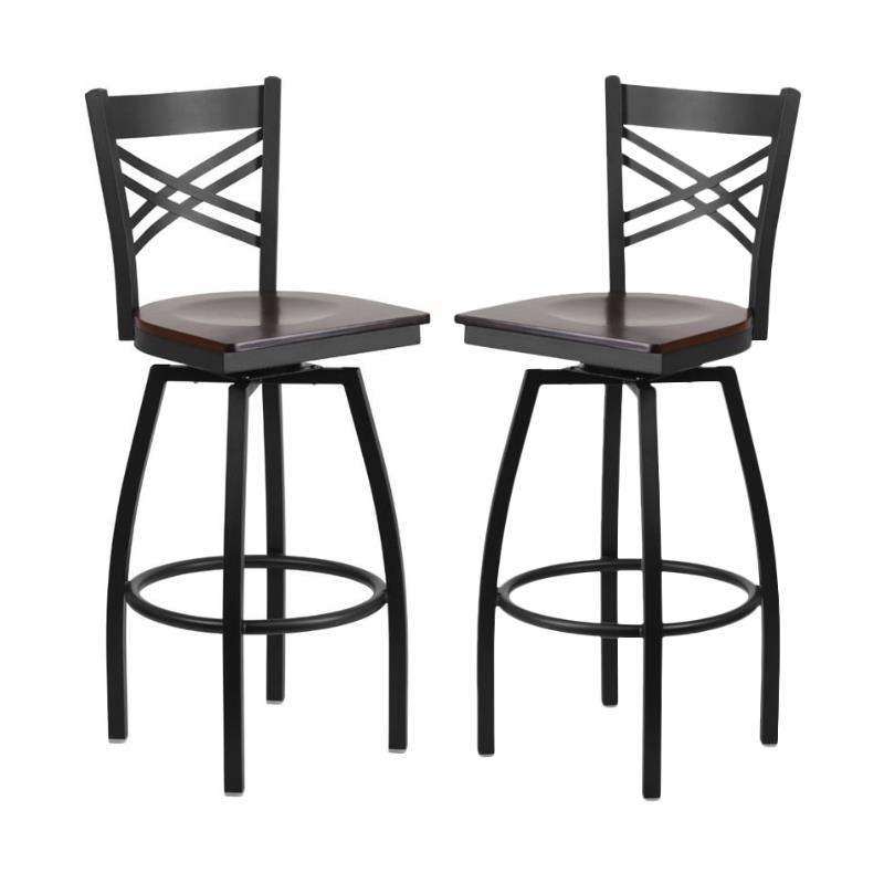 Home Square Metal Restaurant Swivel Bar Stool in Black and Walnut - Set of 2