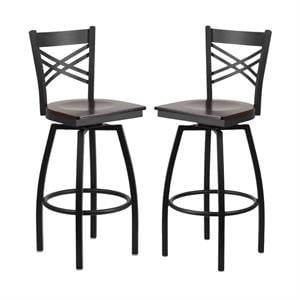 Home Square Metal Restaurant Swivel Bar Stool in Black and Walnut - Set of 2