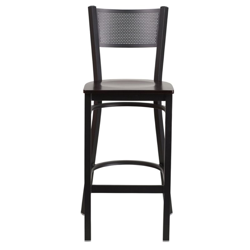 Home Square Metal Grid Back Bar Stool in Black & Walnut - Set of 2