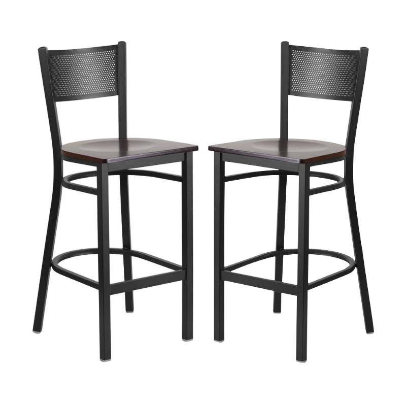 Home Square Metal Grid Back Bar Stool in Black & Walnut - Set of 2